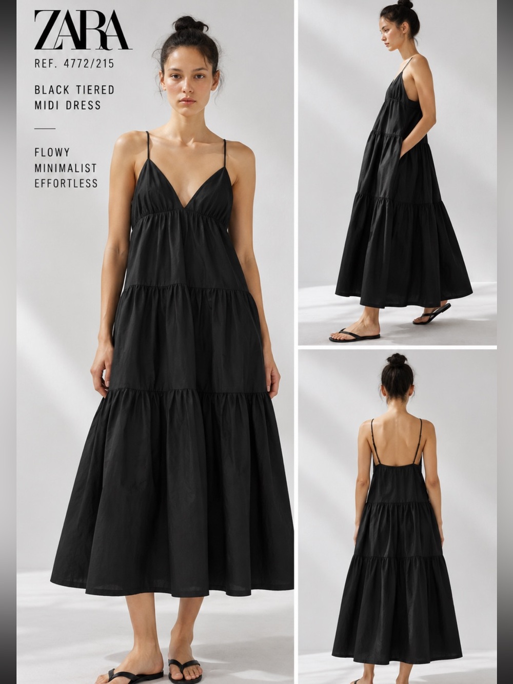 Zara Black Tiered Midi Dress NWT Minimalist Flowy 4772/215